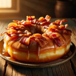 Bacon donut on a kitchen counter with a cup of coffee in the background