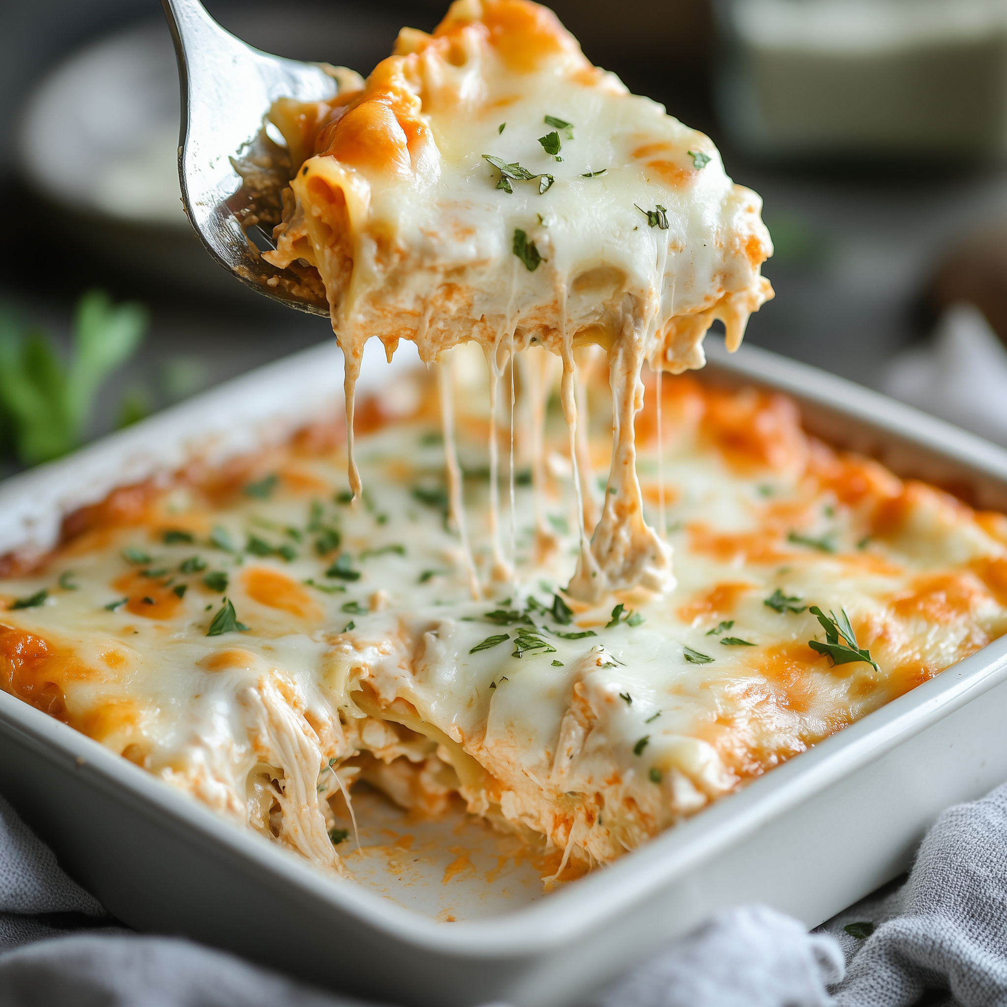take your Cheesy Buffalo Chicken Lasagna with Ranch Drizzle from good to absolutely unforgettable. Whether you're hosting friends or treating yourself, these serving ideas will elevate the experience. Ideal Side Dishes Pairing this hearty dish with the right sides can create a well-rounded meal that satisfies every craving. Here are some fantastic options: Crisp Garden Salad A simple mix of leafy greens, cucumbers, cherry tomatoes, and carrots topped with a light vinaigrette adds a refreshing crunch. The coolness balances the richness of the lasagna and complements the Buffalo sauce’s spice. Garlic Bread or Breadsticks Nothing beats soaking up leftover sauce with warm, buttery garlic bread. If you want to go the extra mile, sprinkle them with parmesan for added flavor. Roasted Vegetables Oven-roasted broccoli, cauliflower, or zucchini seasoned with olive oil, salt, and pepper make a nutritious and delicious accompaniment. They add a smoky depth that pairs well with the creamy lasagna. Potato Wedges or Fries For a more indulgent side, crispy potato wedges or baked sweet potato fries bring a satisfying crunch and a touch of sweetness to the meal. Presentation Ideas How you serve your lasagna can make it look as good as it tastes. Try these tips to wow your guests: Layered Perfection When slicing, aim for clean, distinct layers to showcase the vibrant colors of the cheese, noodles, and Buffalo chicken. A sharp knife and a steady hand can do wonders. Garnish Generously Sprinkle chopped green onions, parsley, or even crumbled blue cheese (if you enjoy its bold flavor) on top for a visually appealing finish. Drizzle in Style Use a small squeeze bottle or spoon to evenly drizzle the ranch dressing over each slice. This not only adds flavor but also a polished touch to your presentation. Serve in Style Use wide, shallow plates to allow the lasagna to be the centerpiece, and arrange your side dishes around it. This creates a balanced and visually pleasing plate. Conclusion: A Dish That Brings Comfort and Flavor Together Cheesy Buffalo Chicken Lasagna with Ranch Drizzle is more than just a recipe—it’s an experience. By combining the bold heat of Buffalo chicken with the creamy richness of cheese and the cooling touch of ranch, this dish strikes a perfect balance between comfort food and bold flavors. Whether you're making it for a cozy family dinner, a potluck, or simply to treat yourself, this recipe guarantees smiles and satisfied appetites. Don't be afraid to get creative—experiment with spice levels, try different cheeses, or add your favorite garnishes to make it your own. With its layers of flavor and textures, this lasagna is a dish you’ll want to add to your regular rotation. So, what are you waiting for? Grab your apron, gather your ingredients, and get ready to bake up a meal that’s sure to impress. Enjoy every cheesy, spicy, and tangy bite!