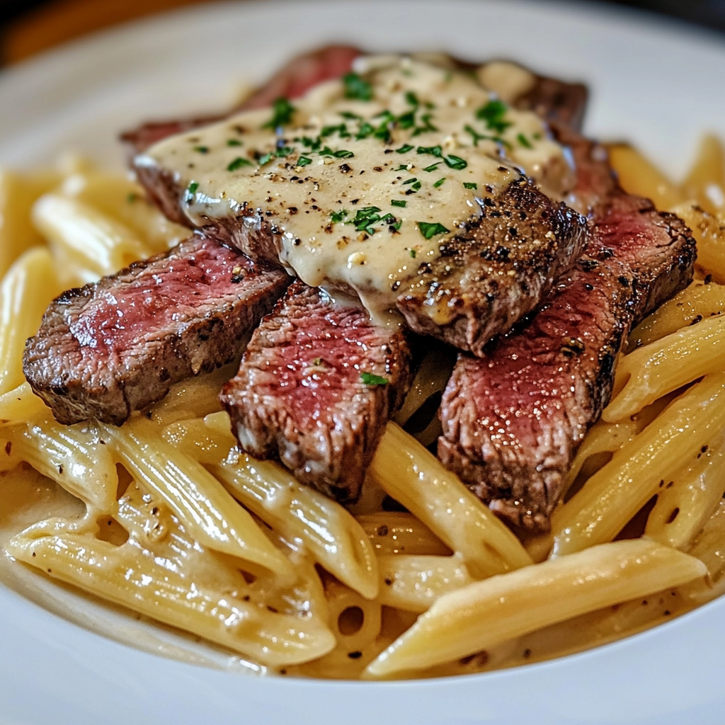 Garlic Butter Steak with Creamy Parmesan Rigaton