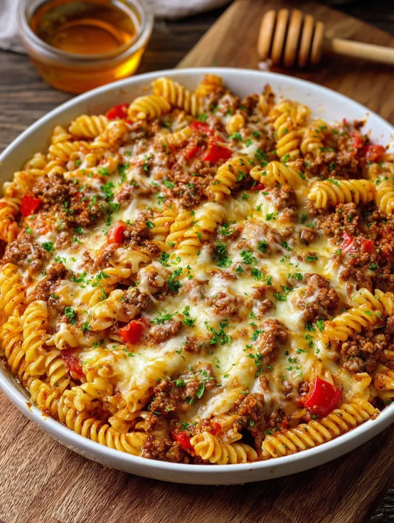 Saucy Rotini Loaded with Seasoned Beef, Tomatoes, and Melted Chee