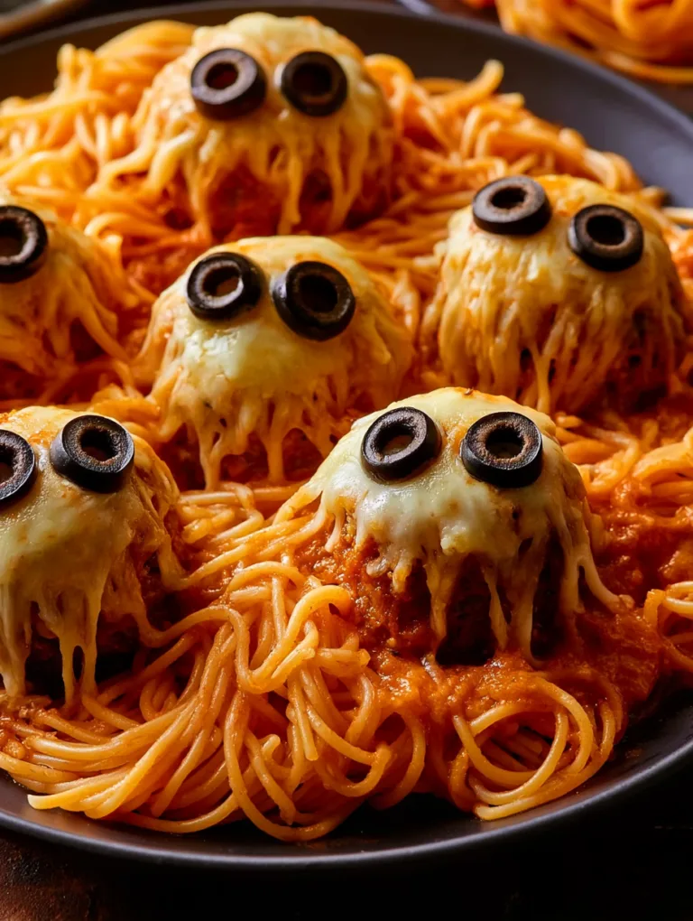 Spooky Spaghetti and Cheese Stuffed Meatballs